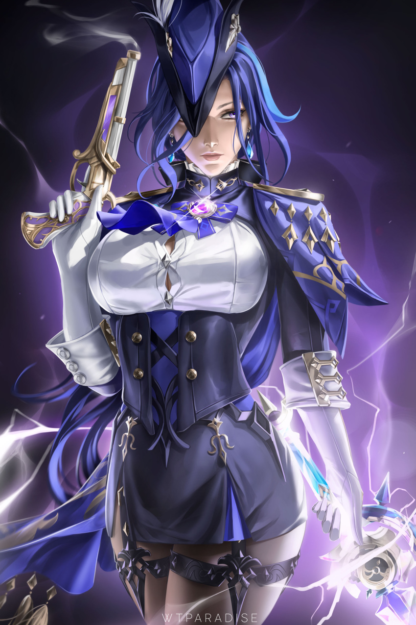 1girl absurdres antique_firearm artist_name ascot black_corset black_pantyhose black_skirt blue_ascot blue_cape blue_hair blue_headwear breasts button_gap cape clorinde_(genshin_impact) corset dark_blue_hair drop_earrings earrings elbow_gloves electricity epaulettes fold-over_gloves framed_breasts genshin_impact gloves gun hat hat_feather high-waist_skirt highres holding holding_gun holding_sword holding_weapon jewelry large_breasts lips long_hair looking_to_the_side low_ponytail pantyhose pencil_skirt purple_eyes shirt skirt solo sword taut_clothes taut_shirt thigh_strap tricorne very_long_hair vision_(genshin_impact) weapon white_gloves white_shirt wtparadise