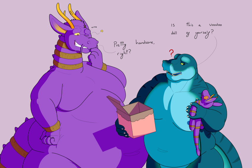 2022 anthro bald belly big_belly big_pecs blue_body body_pattern chubby_male claws clothing collar confusion countershading cuff_(restraint) dialogue digital_drawing_(artwork) digital_media_(artwork) dragomar dragon duo english_text food furgonomics glowing glowing_horn goo_creature grin hair hi_res horn lizard male mongrel-mika muscular muscular_anthro muscular_male neckwear nipples noodles obese one_eye_closed open_mouth overweight overweight_anthro overweight_male pecs purple_body question_mark reptile restraints scalie simple_background slightly_chubby smile taboo_dragoo tail tail_clothing tail_cuff teeth text wink wrist_cuffs wristband wristwear yellow_eyes