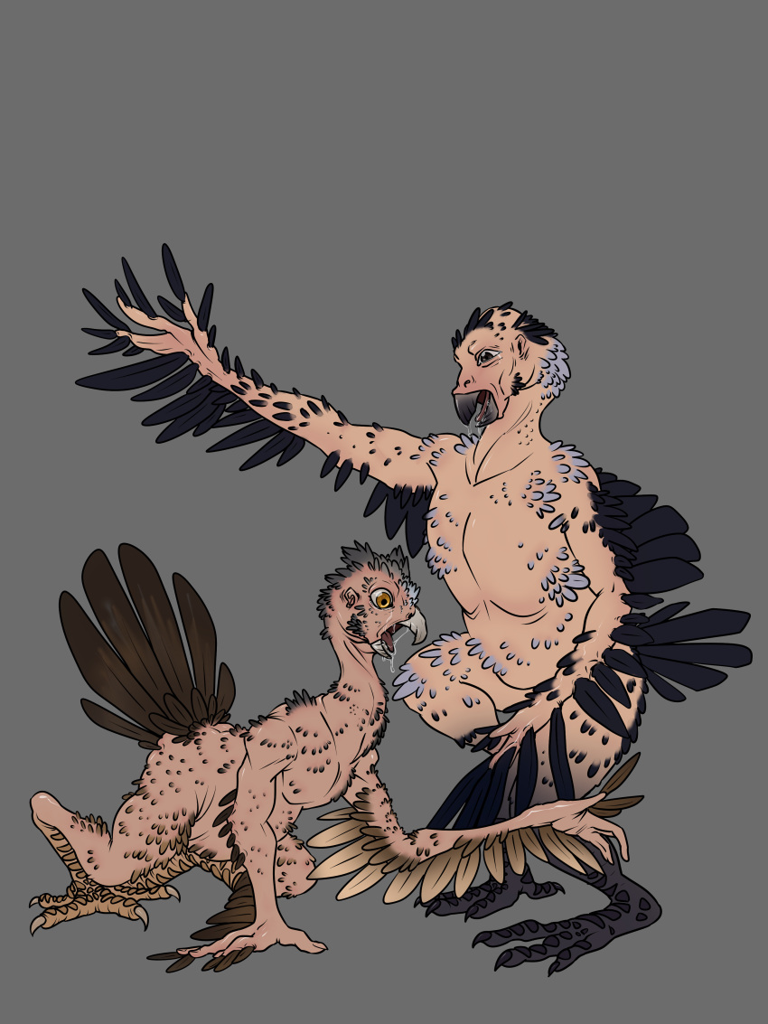 3:4 absurd_res avian beak bird bodily_fluids body_horror bubo_(genus) corvid corvus_(genus) crow diggermygrave duo feather_growth feathers great_horned_owl growth hi_res hooded_crow human_to_feral mid_transformation open_mouth oscine owl pain passerine saliva species_transformation tail_feathers tears transformation true_owl