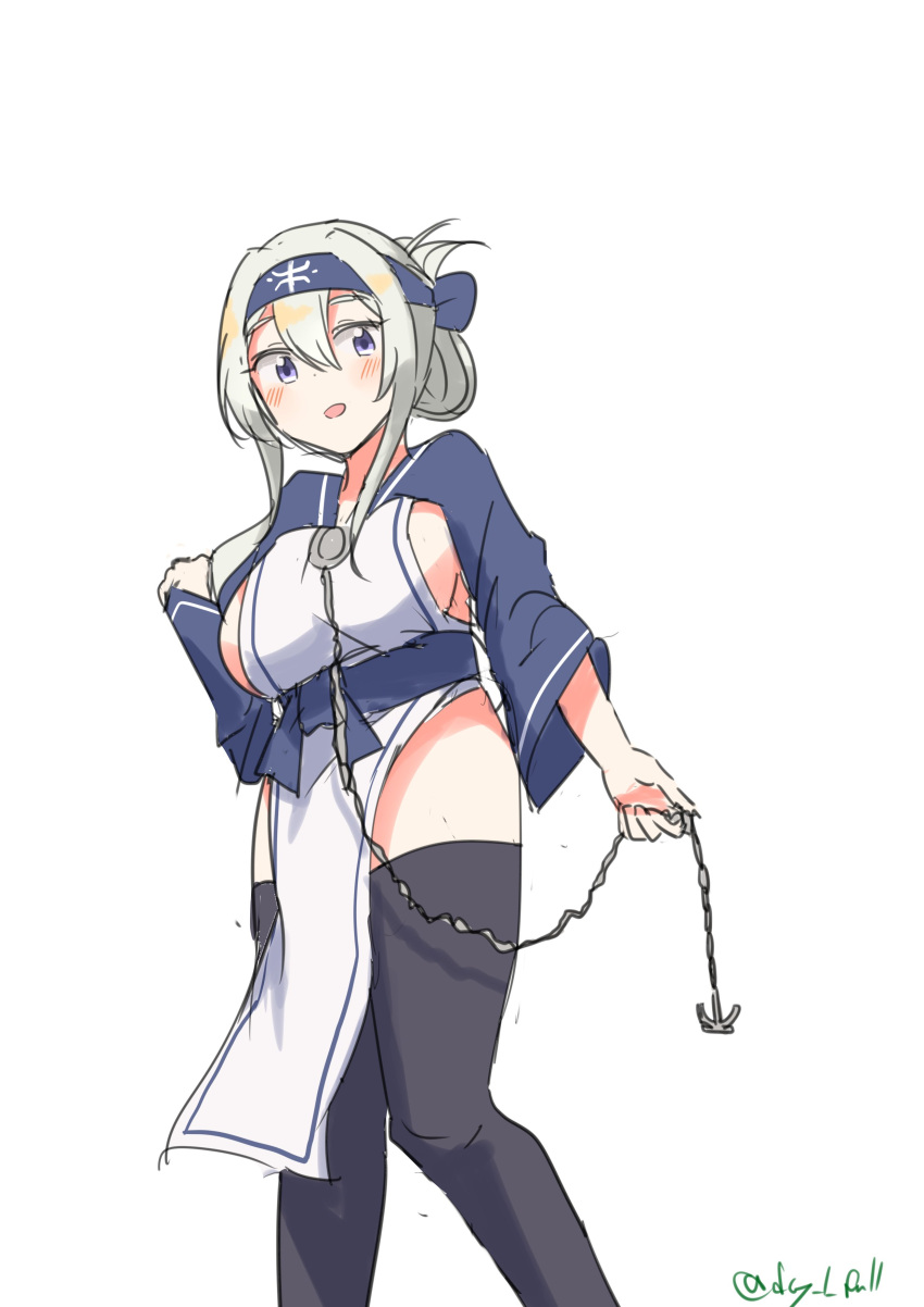 1girl absurdres ainu_clothes anchor black_thighhighs blue_eyes blue_headband breasts chain cropped_jacket feet_out_of_frame folded_ponytail headband highres kamoi_(kancolle) kantai_collection large_breasts looking_at_viewer one-hour_drawing_challenge pelvic_curtain robinson_(day_l_full) sideboob sidelocks simple_background solo thighhighs twitter_username white_background white_hair wrist_guards