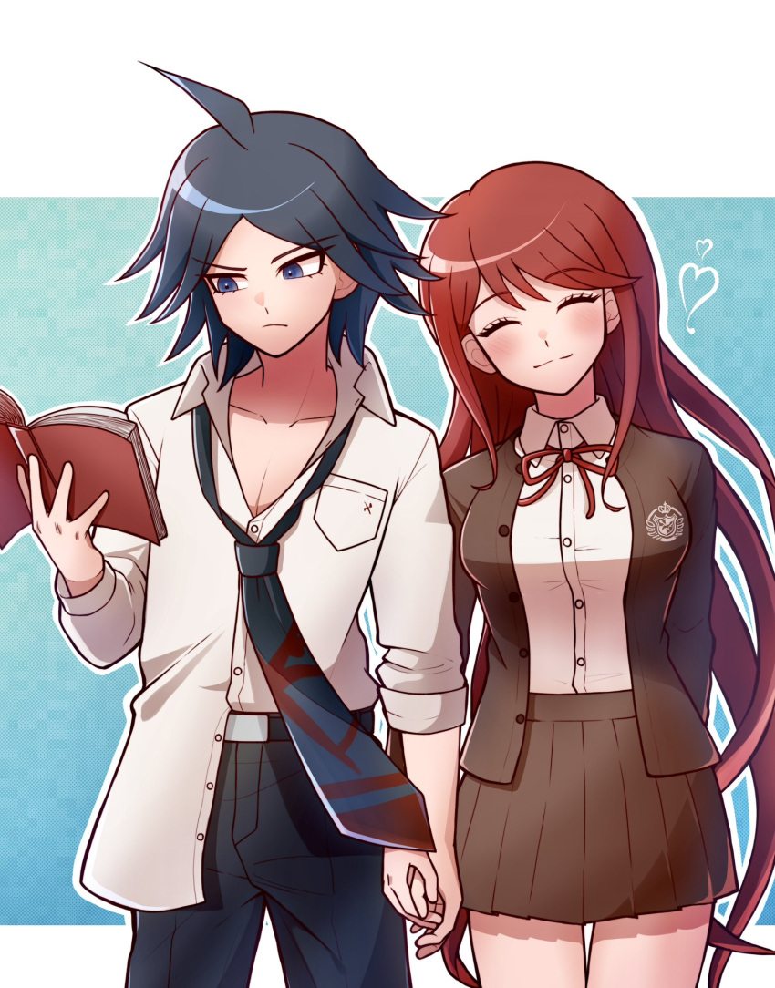 1boy 1girl ahoge black_hair black_pants blue_eyes blue_necktie blush book breasts collared_shirt danganronpa/zero danganronpa_(series) dress_shirt facing_viewer heart highres holding holding_book holding_hands hope's_peak_academy_school_uniform jacket kirin_(suzoke_1) long_hair matsuda_yasuke neck_ribbon necktie open_book open_clothes open_jacket otonashi_ryouko pants reading red_hair red_necktie red_ribbon ribbon school_uniform shirt shirt_partially_tucked_in shirt_tucked_in short_hair skirt smile white_shirt