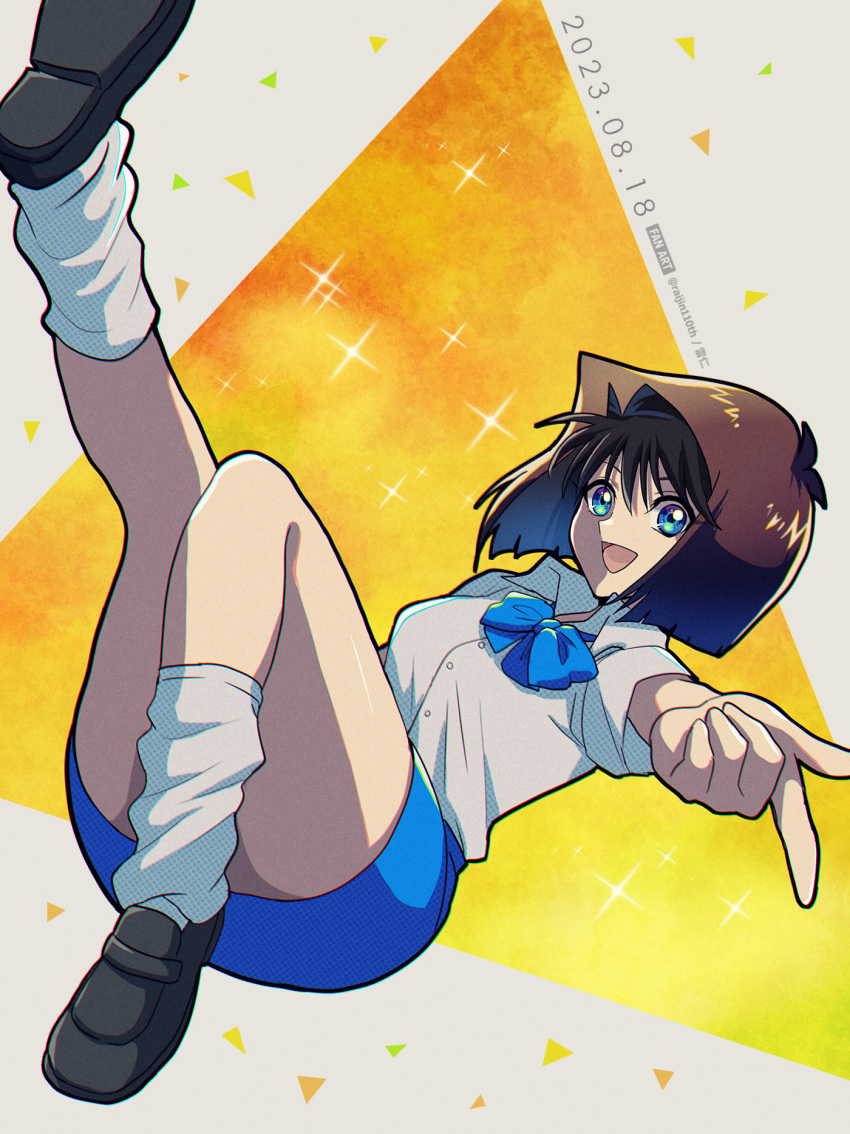 1girl 2023 :d black_footwear blue_bow blue_bowtie blue_eyes blue_hair blue_skirt bow bowtie brown_hair collared_shirt dated dress_shirt gradient_hair hair_intakes highres kneehighs mazaki_anzu medium_hair miniskirt multicolored_hair open_mouth pencil_skirt raijin-bh school_uniform shirt short_sleeves skirt smile socks solo white_shirt white_socks wing_collar yu-gi-oh! yu-gi-oh!_duel_monsters