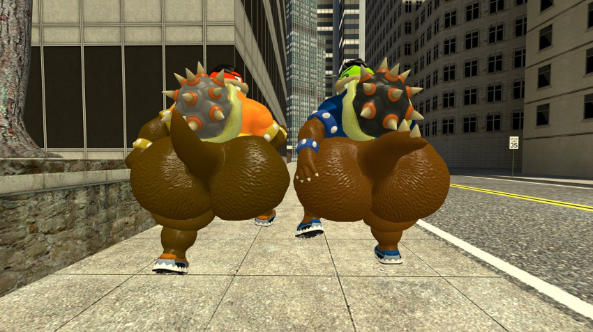 anthro big_butt bottomless bottomless_male brother_(lore) brothers_(lore) brown_body brown_skin butt city clothed clothing dragon duo hi_res huge_butt kane_brent_koopa kaze_brent_koopa koopa male mario_bros metal_bands nintendo overweight overweight_male plant reptile scalie shell sibling_(lore) sidewalk slightly_chubby tecbuttlovefa thick_thighs tree twins_(lore)