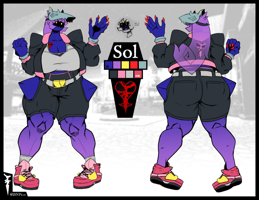 big_breasts blue_body blue_skin breasts claws clothing dnp101 fan_character female footwear hair heartless hi_res kingdom_hearts model_sheet purple_hair shadow square_enix tattoo thick_thighs wide_hips