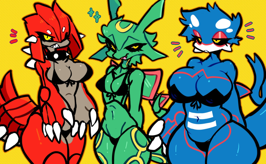 absurd_res anthro big_breasts black_sclera blue_body breasts female generation_3_pokemon green_body groudon group half-closed_eyes hi_res hoshmyposhes kyogre legendary_pokemon looking_at_viewer multicolored_body narrowed_eyes nintendo open_mouth pokemon pokemon_(species) rayquaza thick_thighs trio two_tone_body wide_hips yellow_eyes