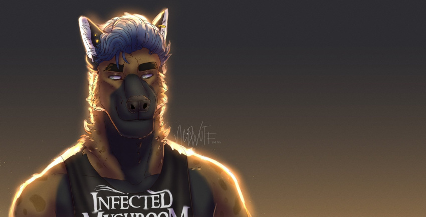 2021 acidwuff anthro black_clothing black_nose black_topwear blue_hair brown_body bust_portrait canid cheek_tuft clothed clothing dated ear_piercing ear_ring ear_stud facial_tuft front_view gradient_background grey_body hair hi_res looking_aside male mammal mouth_closed neck_tuft piercing portrait pupils ring_piercing short_hair signature simple_background slit_pupils solo topwear tuft