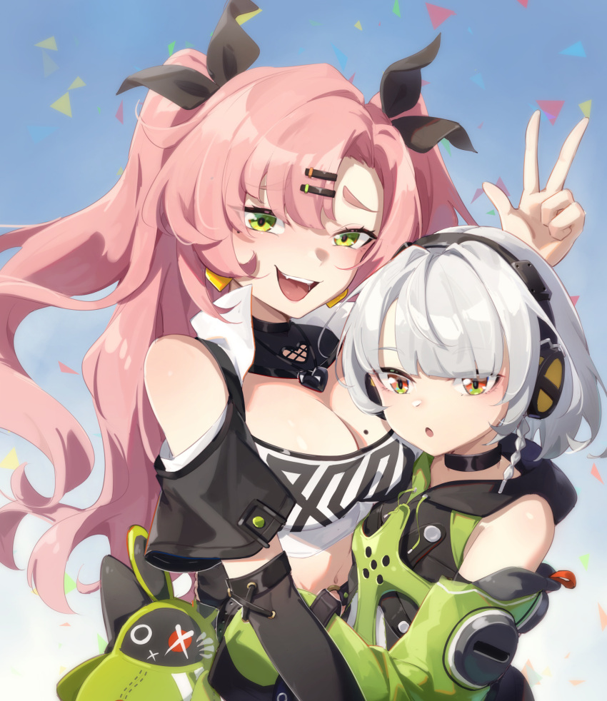2girls :d :o anby_demara bare_shoulders black_choker choker clothing_cutout commentary_request green_eyes hair_ornament hairclip hand_up headphones highres ling_huanxiang long_hair long_sleeves looking_at_viewer multiple_girls nicole_demara open_mouth pink_hair shoulder_cutout smile strapless tube_top very_long_hair w white_hair zenless_zone_zero