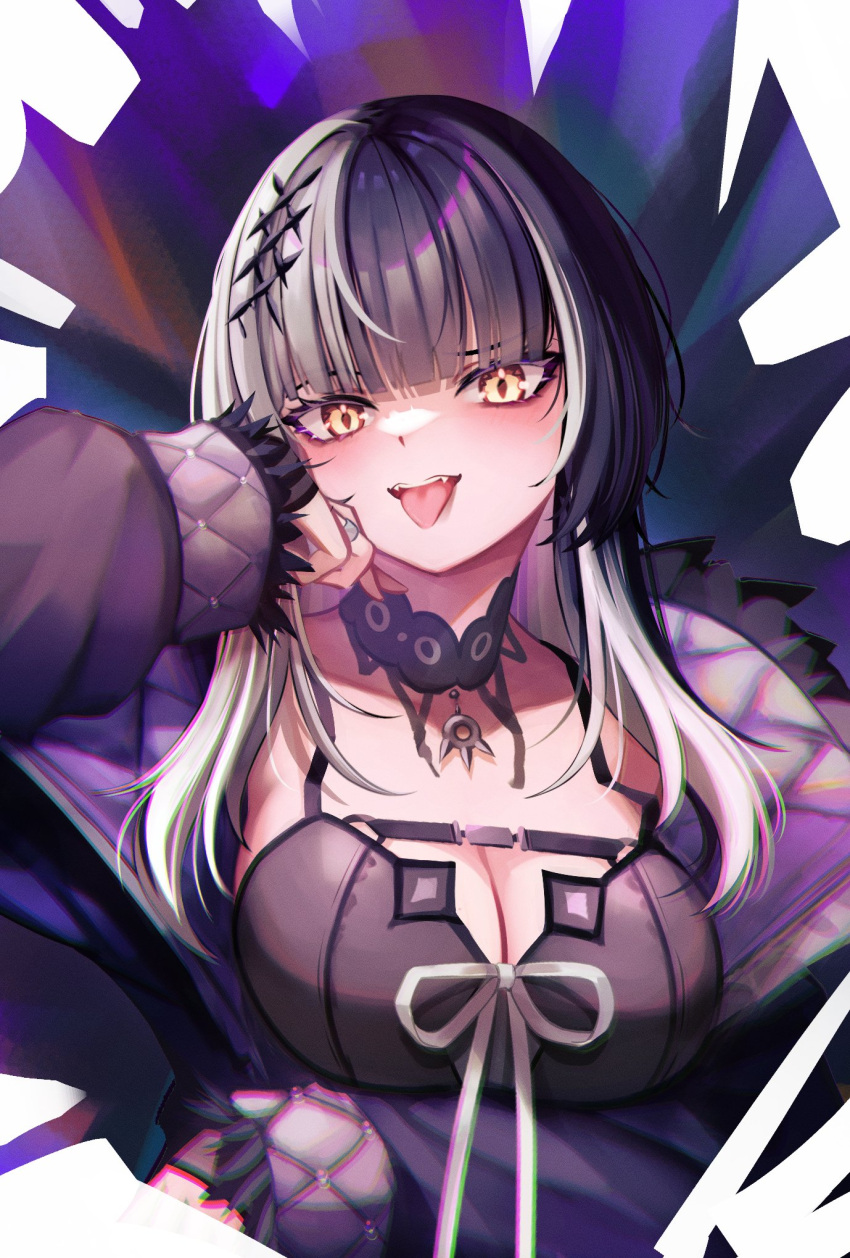 1girl arm_under_breasts black_choker black_dress black_hair blush breasts choker cleavage dress fangs head_rest highres hololive hololive_english hoshino_aoi_(la_huynh_hai_than) jewelry large_breasts medium_hair multicolored_hair open_mouth ring shiori_novella smile split-color_hair tongue tongue_out virtual_youtuber white_hair yellow_eyes