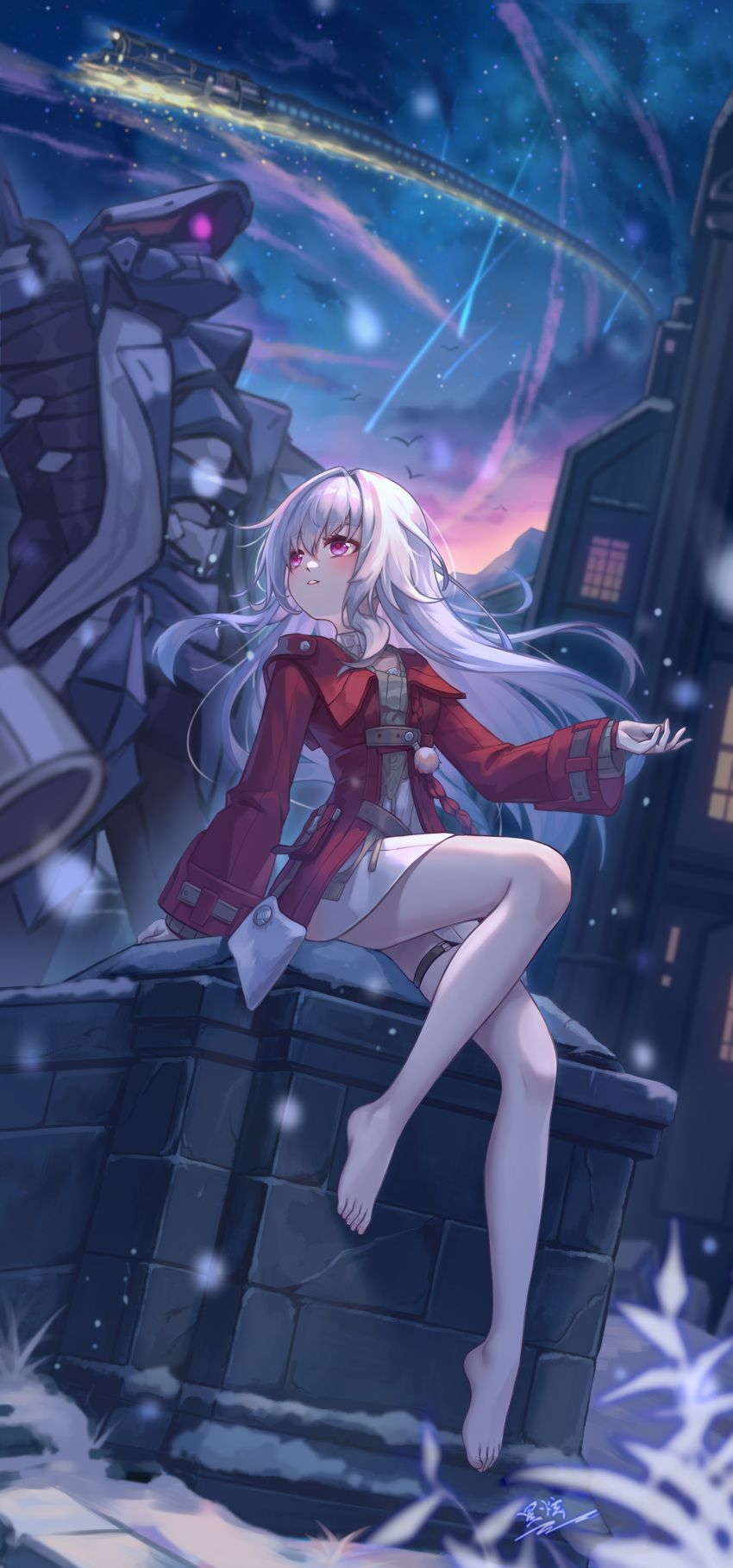 1girl 1other absurdres arm_rest bag barefoot blush brick_wall building clara_(honkai:_star_rail) contrail day dress floating_hair full_body hair_between_eyes highres honkai:_star_rail honkai_(series) jacket knee_up legs long_hair long_sleeves looking_to_the_side meteor_shower night night_sky open_clothes open_jacket outdoors parted_lips red_eyes red_jacket robot short_dress shoulder_bag sidelocks signature simple_bird sitting sky snowing star_(sky) svarog_(honkai:_star_rail) thigh_strap thighs white_dress white_hair yelan_xing_xuan