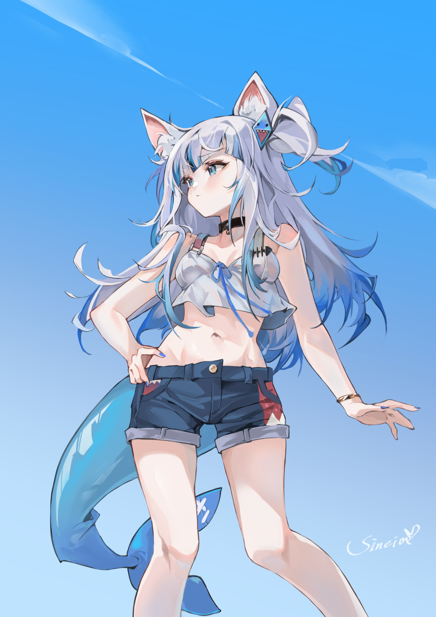 1girl a_yue absurdres animal_ear_fluff animal_ears black_choker blue_eyes blue_hair blue_nails blue_shorts blue_sky blunt_bangs breasts cat_ears choker cropped_shirt fins fish_tail gawr_gura grey_hair hair_ornament hand_on_own_hip highres hololive hololive_english long_hair looking_to_the_side medium_hair midriff multicolored_hair nail_polish navel shark_girl shark_hair_ornament shark_tail shirt short_shorts shorts sidelocks sky small_breasts solo streaked_hair tail two_side_up virtual_youtuber