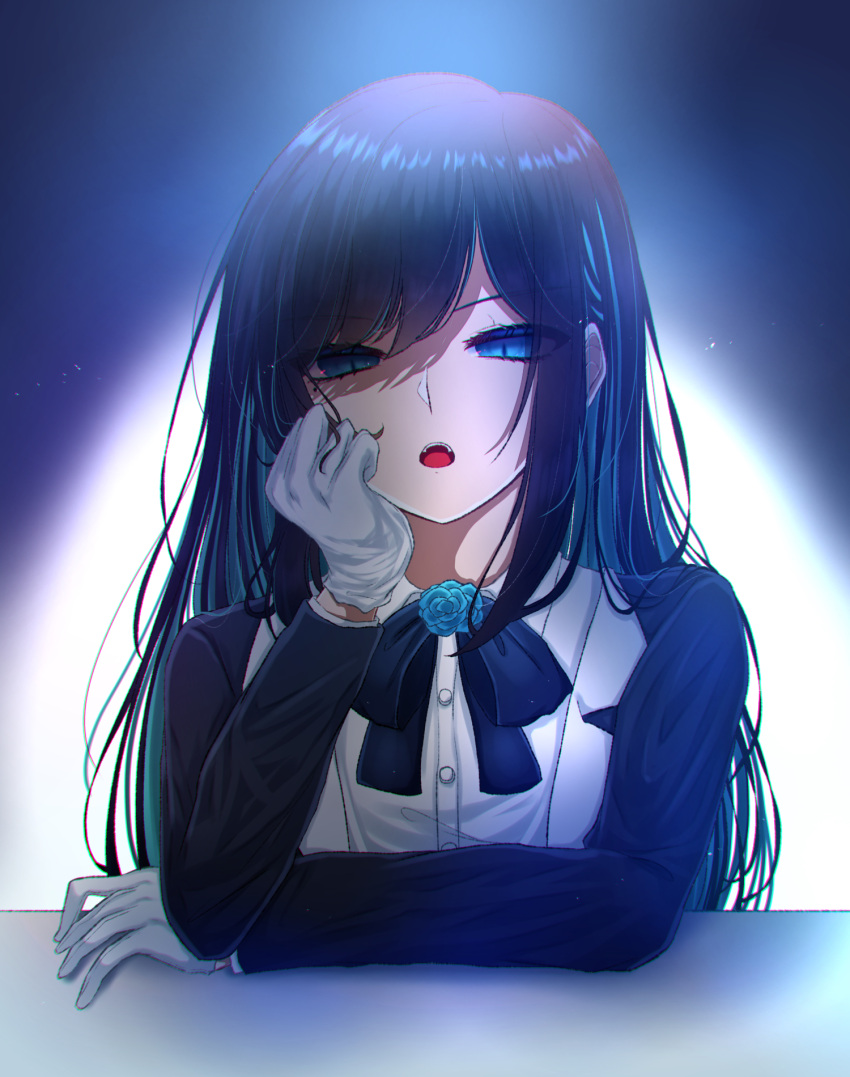 1girl ado_(utaite) black_bow black_bowtie black_hair black_jacket blue_eyes blue_flower blue_rose blue_theme bow bowtie buttons cloud_nine_inc flower formal gloves head_rest highres jacket long_hair long_sleeves looking_at_viewer narrowed_eyes open_mouth rose shirt shoko_(gs_music11) solo suit_jacket teeth upper_body upper_teeth_only utaite white_gloves white_shirt