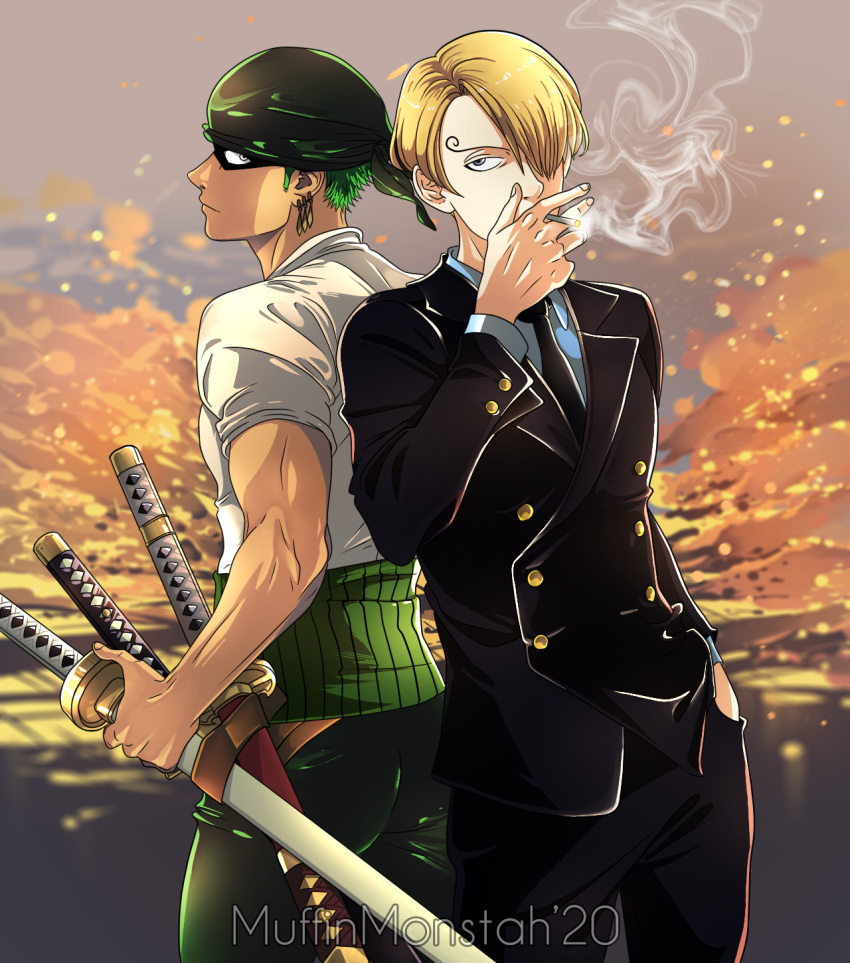 2boys artist_name bandana black_necktie blonde_hair cigarette commentary curly_eyebrows earrings english_commentary formal green_hair hair_over_one_eye highres holding holding_cigarette holding_sword holding_weapon jewelry katana male_focus muffinmonstah multiple_boys necktie one_eye_covered one_piece outdoors roronoa_zoro sanji_(one_piece) shirt short_hair single_earring smoke smoking suit sword triple_wielding weapon white_shirt