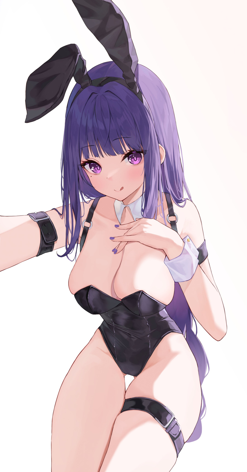 1girl :p absurdres alternate_costume arm_belt ass_visible_through_thighs bare_shoulders black_hairband black_leotard blunt_bangs blush breasts chest_strap cleavage collarbone cowboy_shot genshin_impact hair_ornament hairband hand_on_own_chest highres large_breasts leotard long_hair mole mole_under_eye okey playboy_bunny purple_eyes purple_hair purple_nails rabbit_hair_ornament raiden_shogun reaching reaching_towards_viewer sidelocks simple_background skindentation solo strapless strapless_leotard thigh_gap tongue tongue_out white_background white_wrist_cuffs