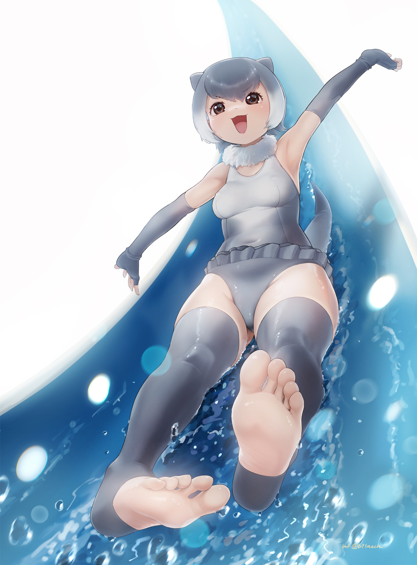 1girl animal_ears armpits arms_up bare_shoulders beleven breasts brown_hair covered_nipples elbow_gloves feet fingerless_gloves frills full_body fur_collar gloves grey_gloves grey_hair grey_thighhighs happy highres kemono_friends legs looking_up medium_breasts multicolored_hair no_shoes one-piece_swimsuit open_mouth otter_ears otter_girl otter_tail outstretched_arms outstretched_hand outstretched_legs paid_reward_available slide small-clawed_otter_(kemono_friends) smile soles solo splashing spread_arms swimsuit tail taut_clothes taut_swimsuit thighhighs toeless_legwear toes v-shaped_eyebrows water water_slide white_hair