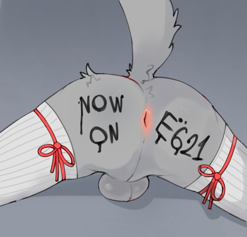 anthro anus backsack balls body_writing butt canid canine canis clothing e621 english_text fur genitals grey_background grey_body grey_fur hi_res lasseter_(rasetaa) legwear male mammal presenting presenting_hindquarters raised_tail rasetaa simple_background solo tail text thigh_highs white_clothing white_legwear white_thigh_highs wolf