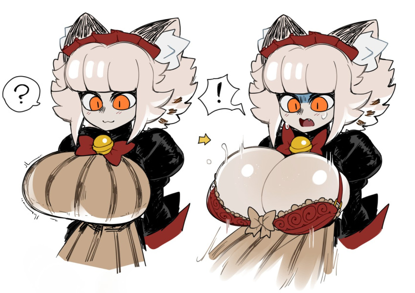 anthro big_breasts blush blush_lines bodily_fluids bra breasts button_pop catmaid_(cibastion) cibastion cleavage clothed clothing directional_arrow domestic_cat exclamation_point felid feline felis female fur hair huge_breasts maid_headdress maid_uniform mammal orange_eyes question_mark simple_background solo speech_bubble surprise sweat underwear uniform wardrobe_malfunction white_body white_fur white_hair