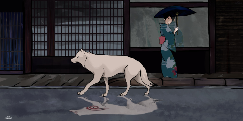 2018 absurd_res altered_reflection amaterasu_(okami) ambiguous_gender asian_clothing biped black_eyes black_hair black_nose black_tail black_tail_tip blue_clothing blue_kimono building canid canine canis capcom cdblue clothed clothing colored deity detailed_background digital_media_(artwork) dipstick_tail duo east_asian_clothing female feral full-length_portrait fully_clothed fur hair hi_res holding_object holding_umbrella human japanese japanese_clothing kimono light_body light_skin mammal markings monotone_body monotone_ears monotone_fur multicolored_body multicolored_fur multicolored_tail okami_(capcom) outside portrait quadruped red_body red_fur red_markings reflection shaded side_view signature snout standing street tail tail_markings two_tone_body two_tone_fur two_tone_tail umbrella walking white_body white_ears white_fur white_tail wolf