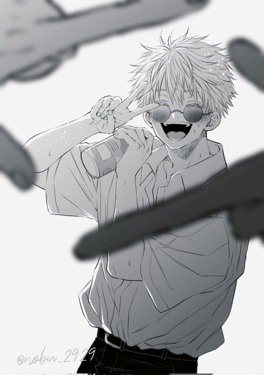 1other :d ^_^ arm_up belt blush can closed_eyes collared_shirt cowboy_shot finger_frame gojou_satoru greyscale hand_up highres holding holding_can honey_bunny jujutsu_kaisen male_focus monochrome open_mouth pants shirt short_hair short_sleeves simple_background smile standing sunglasses sweat twitter_username v