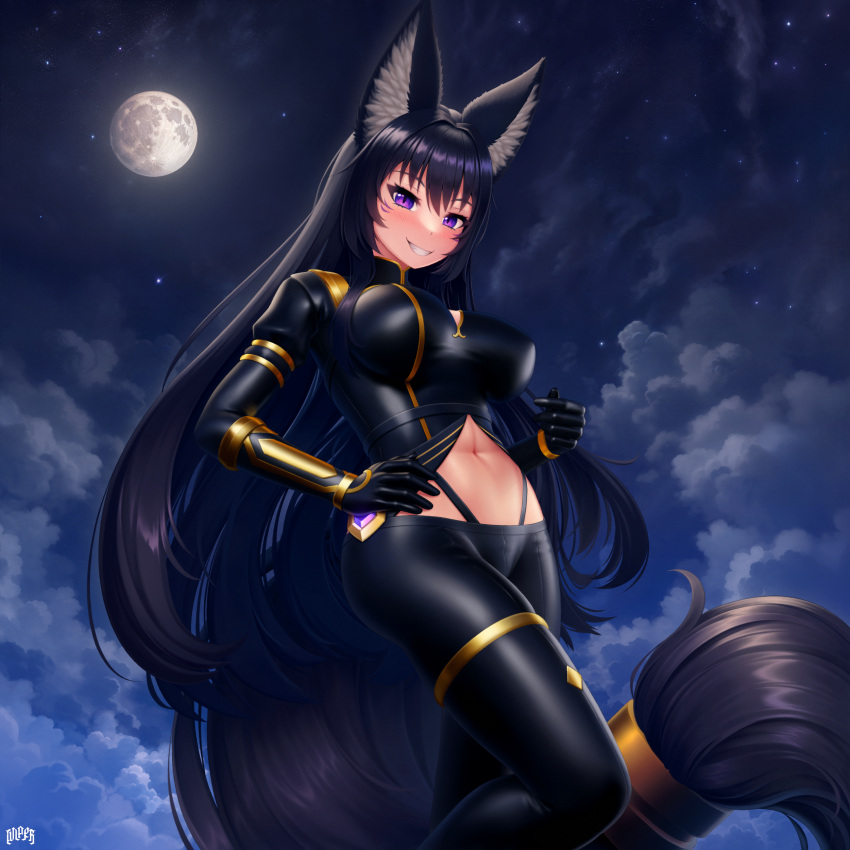1girl absurdres animal_ear_fluff animal_ears artist_name black_hair bodysuit breasts cloud cloudy_sky commentary delta_(kage_no_jitsuryokusha_ni_naritakute!) grin highres kage_no_jitsuryokusha_ni_naritakute! large_breasts long_hair looking_at_viewer moon navel night purple_eyes sky slit_pupils smile solo standing tail teeth very_long_hair wlper wolf_ears wolf_girl wolf_tail