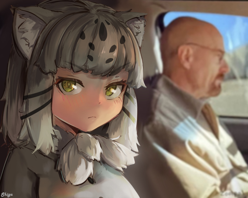 absurd_res animal_humanoid bald beard breaking_bad car cat_humanoid clothed clothing day duo eyewear facial_hair felid felid_humanoid feline feline_humanoid female glasses grey_hair hair hi_res human humanoid inner_ear_fluff inside_car jacket kemono_friends looking_at_viewer male mammal mammal_humanoid markings pallas's_cat pallas's_cat_(kemono_friends) shiga_96 topwear tuft vehicle walter_white