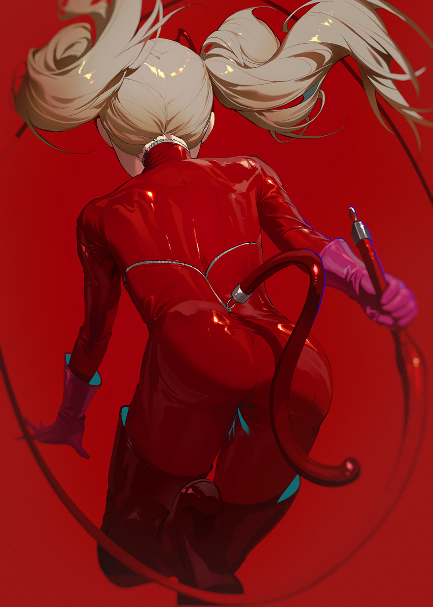1girl ass back blonde_hair bodysuit boots cat_tail facing_away fajyobore fake_tail floating_hair from_behind gloves high_heel_boots high_heels highres holding holding_whip long_hair persona persona_5 pink_gloves red_bodysuit red_thighhighs solo tail takamaki_anne thigh_boots thighhighs twintails