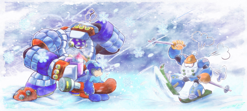 3boys angry blizzard_man commentary cup english_commentary frost_man hat helmet highres holding holding_cup holding_snowboard male_focus mega_man_(character) mega_man_(classic) mega_man_(series) mega_man_6 mega_man_8 multiple_boys no_mouth nongura outdoors robot ski_pole snow snowboard