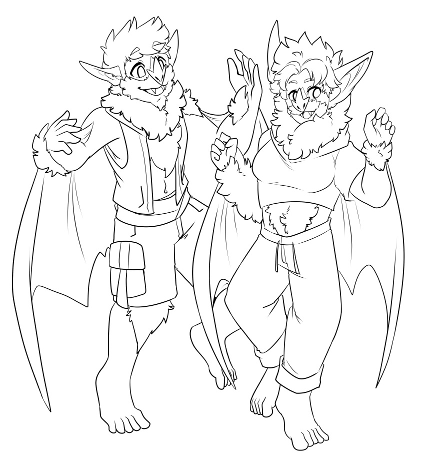 2023 absurd_res bat bottomwear calvin_(werenimal) cargo_shorts clothed clothing duo ear_growth facial_hair female fur fur_growth goatee growth hi_res human human_to_anthro line_art male mammal mid_transformation monochrome open_clothing open_shirt open_topwear open_vest ra'zim shirt shorts snout snout_growth species_transformation starwolfskin topwear transformation vest wings zgf_art