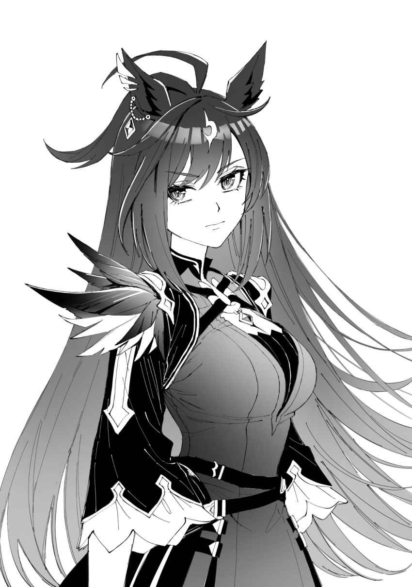 1girl ahoge animal_ears arms_at_sides belt breasts closed_mouth dress duramente_(umamusume) feathers frown greyscale highres horse_ears long_hair long_sleeves looking_to_the_side medium_breasts monochrome multiple_girls nayuta_ggg solo umamusume upper_body v-shaped_eyebrows very_long_hair