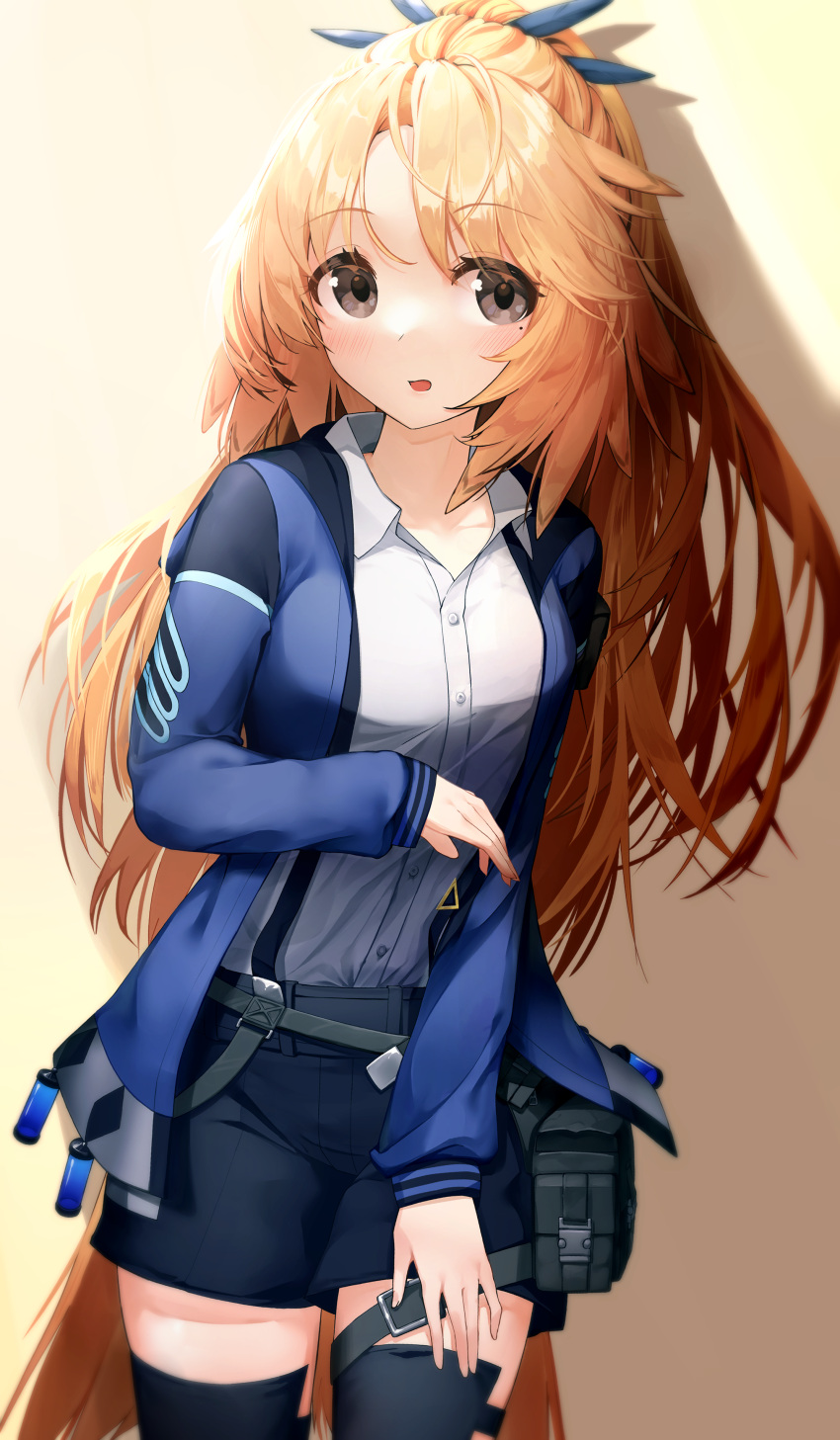 1girl absurdres arknights belt bird_tail black_thighhighs blue_jacket blue_poison_(arknights) blue_poison_(arknights)_(cosplay) blush brown_eyes brown_hair commentary_request cosplay feather_hair high_ponytail highres jacket killizard long_hair mole mole_under_eye open_clothes open_jacket open_mouth pinecone_(arknights) shirt shorts solo tail thigh_pouch thighhighs very_long_hair white_shirt