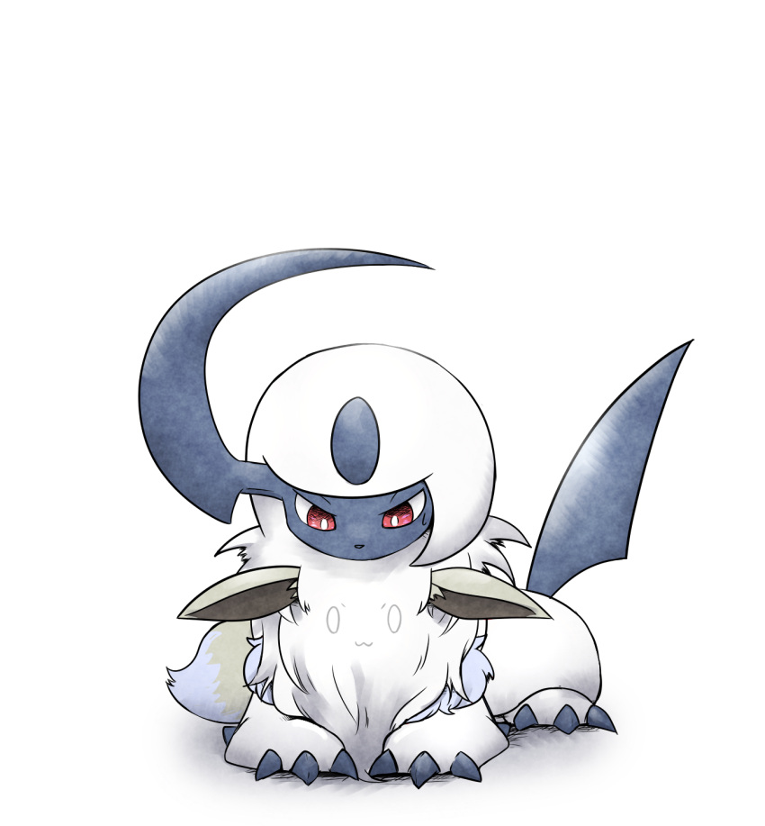 :3 absol bright_pupils character_request claws commentary_request highres kashiwa_(3920kashiwa) looking_at_another looking_down no_humans pokemon pokemon_(creature) red_eyes simple_background sitting v-shaped_eyebrows white_background white_pupils