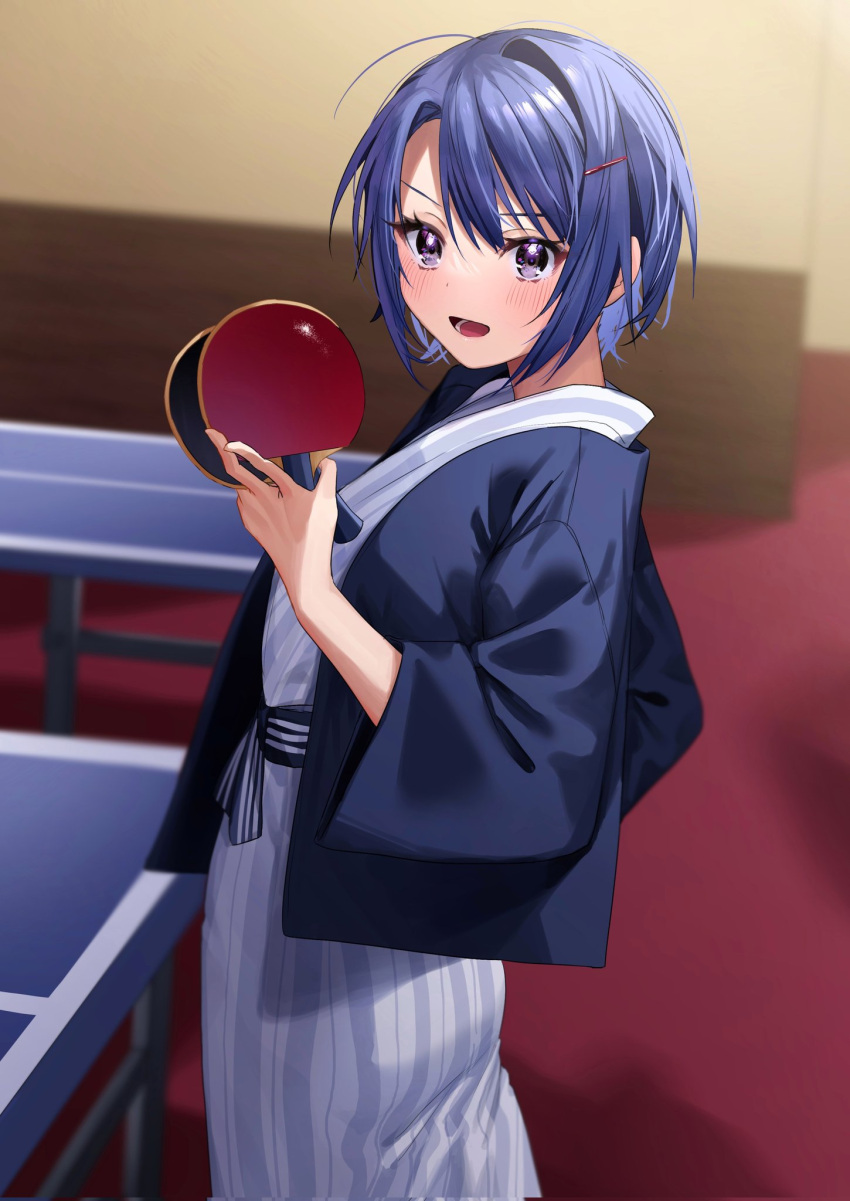 1girl blue_hair blue_kimono blush chigusa_minori commentary_request cowboy_shot hair_between_eyes hair_ornament hairclip haori highres himeno_akira indoors japanese_clothes jitsuha_imouto_deshita. kimono looking_at_viewer official_art open_mouth paddle purple_eyes short_hair sidelocks solo table_tennis table_tennis_paddle teeth wide_sleeves yukata