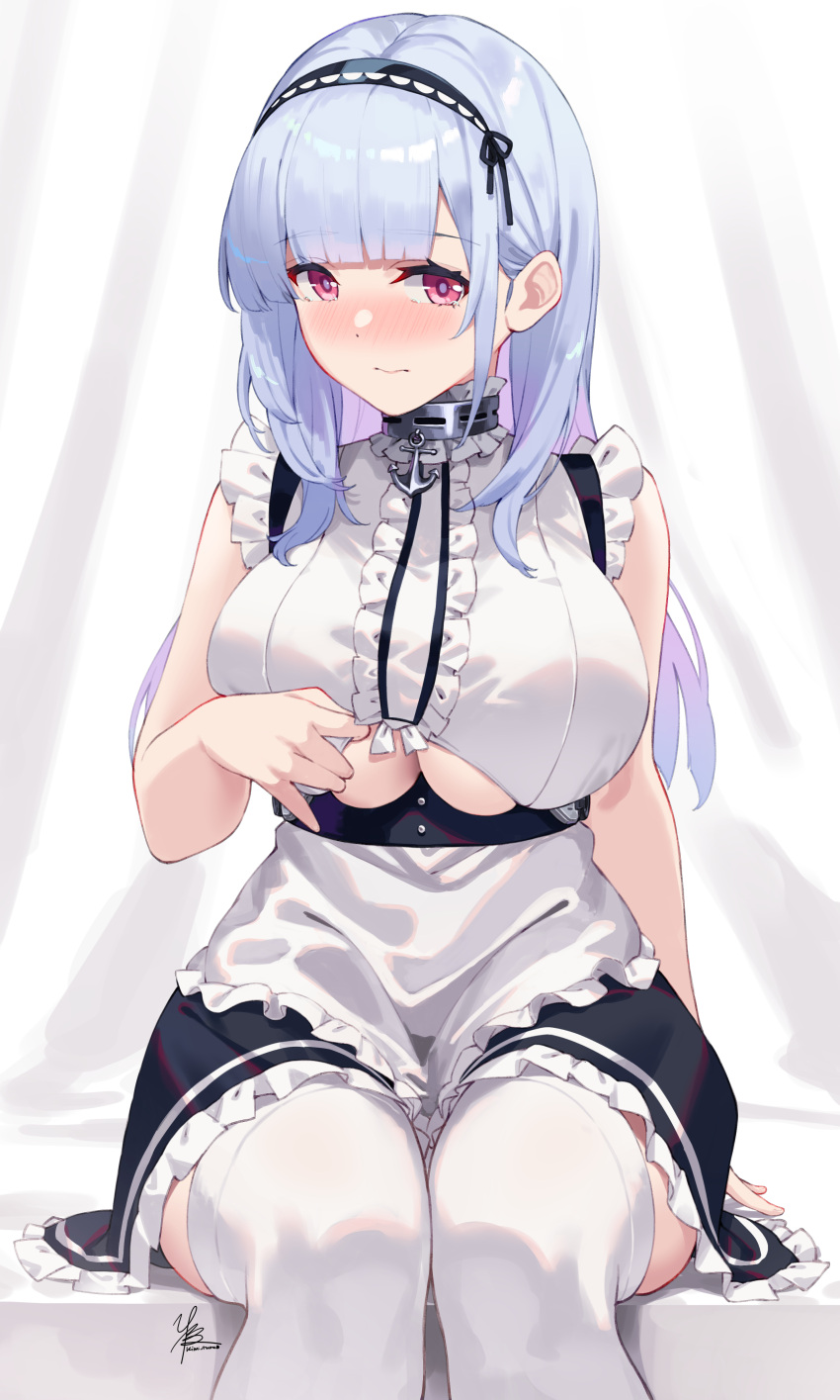 1girl absurdres anchor_choker apron arm_support azur_lane bare_shoulders black_hairband black_skirt blue_hair blunt_bangs blush breasts center_frills choker clothes_lift clothing_cutout curtains dido_(azur_lane) embarrassed frilled_apron frilled_choker frilled_shirt frilled_skirt frills gradient_hair hair_behind_ear hairband highres kimi_tsuru lace-trimmed_hairband lace_trim large_breasts lifted_by_self long_hair looking_at_viewer maid maid_apron maid_headdress multicolored_hair pink_eyes pink_hair shirt sidelocks signature sitting skirt sleeveless thighhighs thighs underboob underboob_cutout waist_apron white_apron white_thighhighs zettai_ryouiki