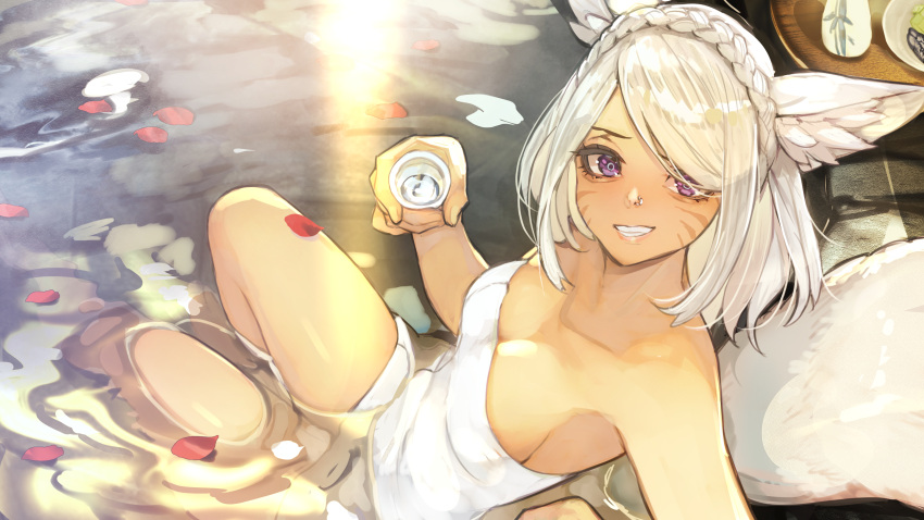 absurdres alcohol animal_ear_fluff animal_ears blush braid breasts cat_ears cat_tail cup facial_mark final_fantasy final_fantasy_xiv full-face_blush grey_hair hide_(hideout) highres holding holding_cup looking_at_viewer medium_breasts miqo'te naked_towel onsen partially_submerged petals purple_eyes short_hair sitting smile sunset tail tan towel warrior_of_light_(ff14) water whisker_markings