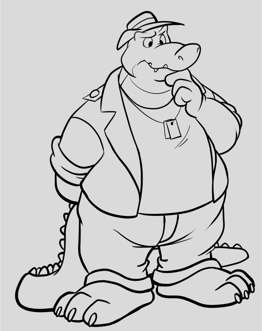 3_toes 4_fingers alligator alligatorid anthro belly big_belly bottomwear brok_(character) brok_the_investigator clothing crocodilian feet fingers hat headgear headwear hi_res hubie360 humanoid_hands male overweight overweight_male pants reptile scalie shirt solo toes topwear