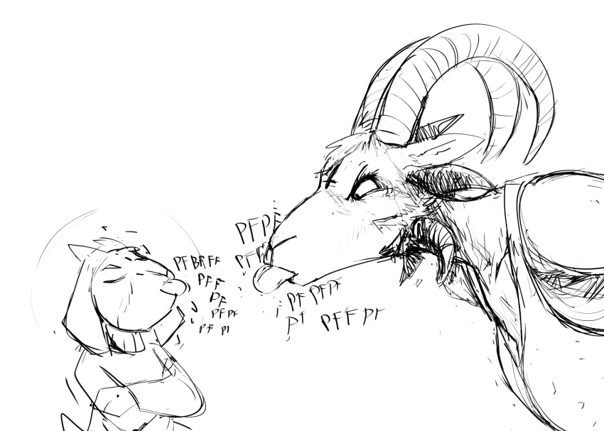 2023 angry anthro blowing_raspberries bovid caprine child demon duo english_text female goat hi_res hladilnik lucy_(hladilnik) male mammal onomatopoeia sketch sound_effects text tommy_(hladilnik) young