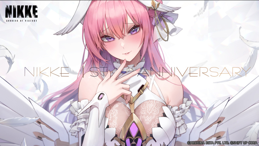 1girl anniversary blush breasts cleavage dorothy_(nikke) dress feathers goddess_of_victory:_nikke hair_between_eyes head_wings highres large_breasts long_hair looking_at_viewer maenoo mechanical_wings official_art parted_lips pink_hair purple_eyes second-party_source smile solo upper_body white_background white_dress white_feathers white_wings wings