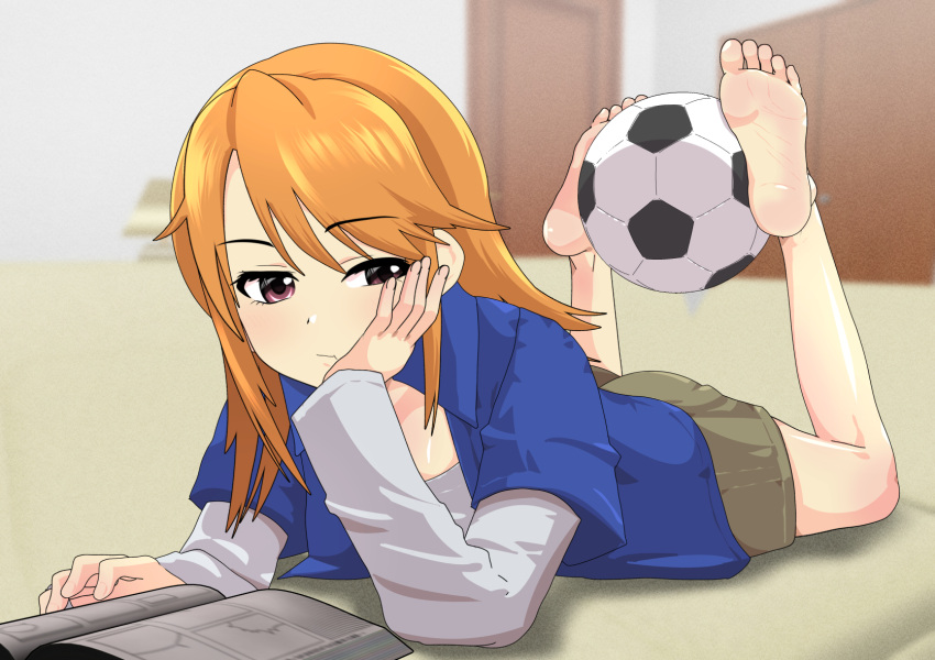 1girl :t ball barefoot blue_jacket blurry blurry_background blush brown_shorts commentary_request depth_of_field eyelashes feet feet_up full_body grey_shirt hand_up head_rest highres holding_with_feet idolmaster idolmaster_cinderella_girls indoors jacket legs long_hair long_sleeves lying makaizou_(yawo87) manga_(object) on_stomach orange_hair pink_eyes reading shiny_skin shirt shorts soccer_ball soles solo swept_bangs the_pose thighs toes uneven_eyes yuuki_haru
