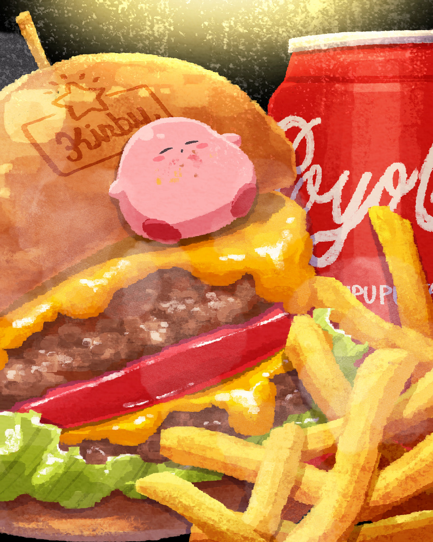 blush_stickers burger cheese closed_eyes closed_mouth coca-cola food food_focus food_on_face french_fries highres kirby kirby_(series) lettuce meat miclot no_humans pink_footwear shoes sleeping tomato toothpick