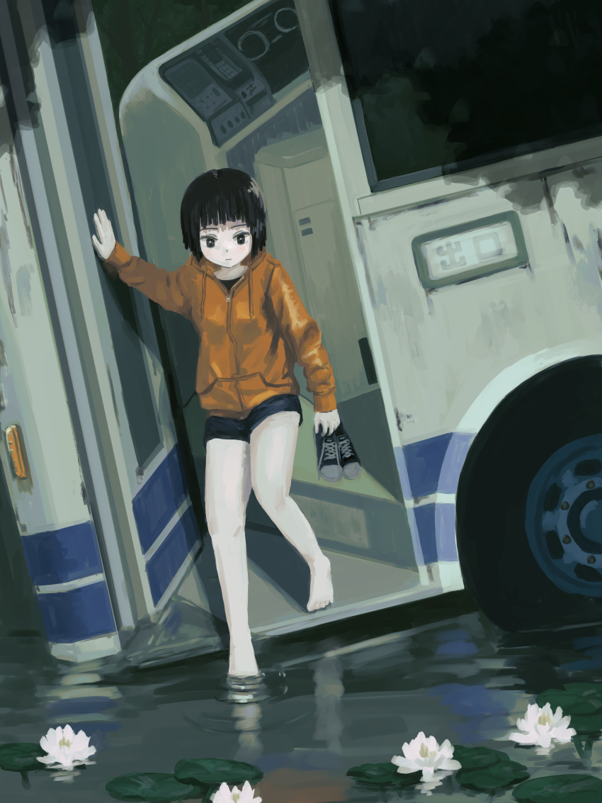 1girl absurdres barefoot black_eyes black_hair black_shorts blunt_bangs bob_cut bus highres holding holding_clothes holding_footwear jacket lily_pad motor_vehicle okura_lino orange_jacket original short_hair shorts soaking_feet solo