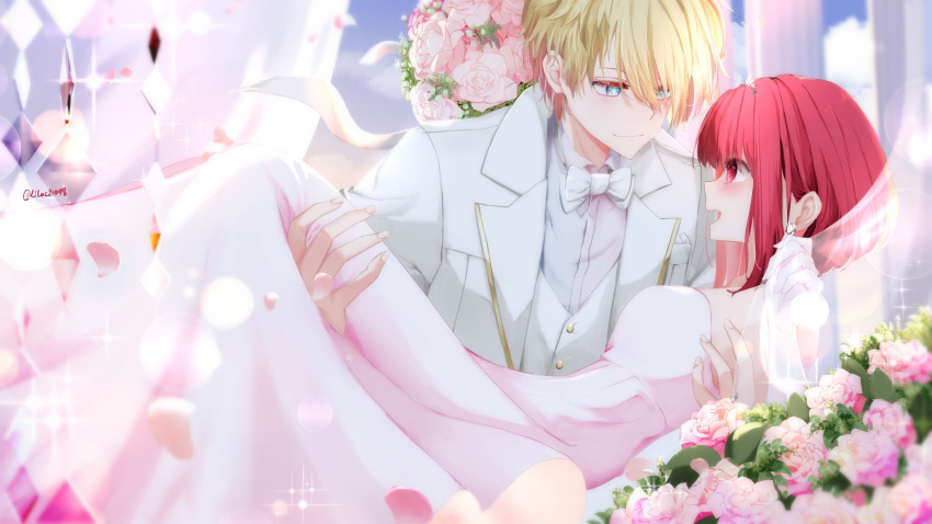 1boy 1girl arima_kana blonde_hair blue_eyes blush bob_cut bouquet bow bowtie carrying closed_mouth commentary couple dress dress_shirt earrings english_commentary eye_contact feet_out_of_frame flower hair_between_eyes highres hoshino_aquamarine inverted_bob jacket jewelry lilac10 looking_at_another medium_hair open_mouth oshi_no_ko petals princess_carry red_eyes rose see-through shirt short_hair sidelocks sparkle star-shaped_pupils star_(symbol) strapless strapless_dress symbol-shaped_pupils tiara twitter_username upper_body vest wedding wedding_dress white_bow white_bowtie white_dress white_flower white_jacket white_rose white_shirt white_vest