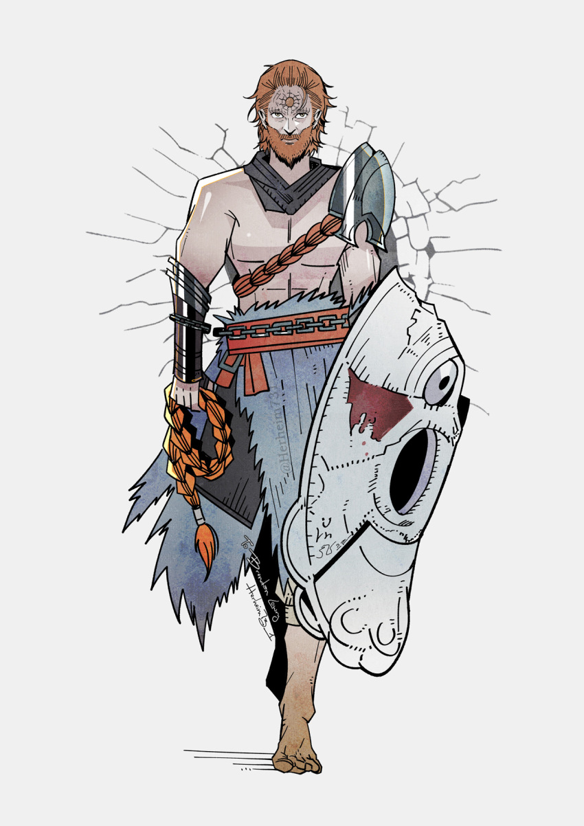 1boy abs armor barefoot beard chain crack denny626 elden_ring facial_hair gauntlets grey_scarf highres holding holding_whip male_focus muscular muscular_male orange_hair original pectorals scarf shield short_hair shoulder_armor solo tarnished_(elden_ring) walking white_background