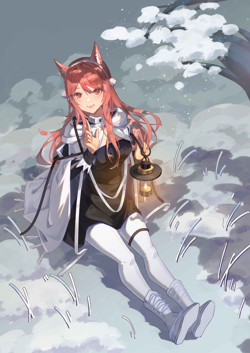 1girl absurdres animal_ear_fluff animal_ears arknights black_dress boots cape closed_mouth commentary_request dress earmuffs full_body highres holding holding_lantern implied_extra_ears index_finger_raised lantern long_hair long_sleeves looking_at_viewer official_alternate_costume on_ground pantyhose pink_hair pozyomka_(arknights) pozyomka_(snowy_plains_in_words)_(arknights) red_eyes shishuishuiya sitting solo thigh_strap white_cape white_footwear white_pantyhose wolf_ears wolf_girl