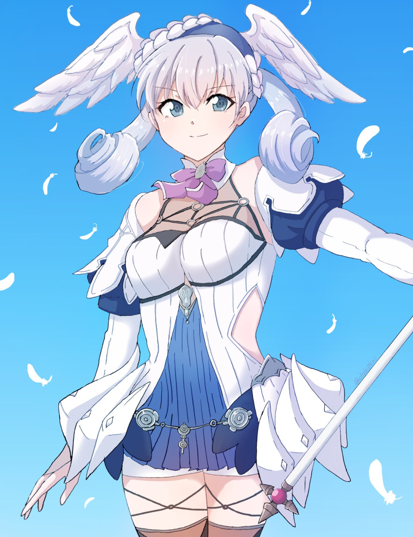 1girl blue_background blue_eyes braid breasts chobi0521 closed_mouth commentary_request crown_braid curly_hair dress gloves grey_hair head_wings highres holding holding_staff juliet_sleeves long_sleeves looking_at_viewer makna_armour medium_breasts melia_antiqua o-ring puffy_sleeves short_dress simple_background smile solo staff thighhighs wings xenoblade_chronicles_(series) xenoblade_chronicles_1