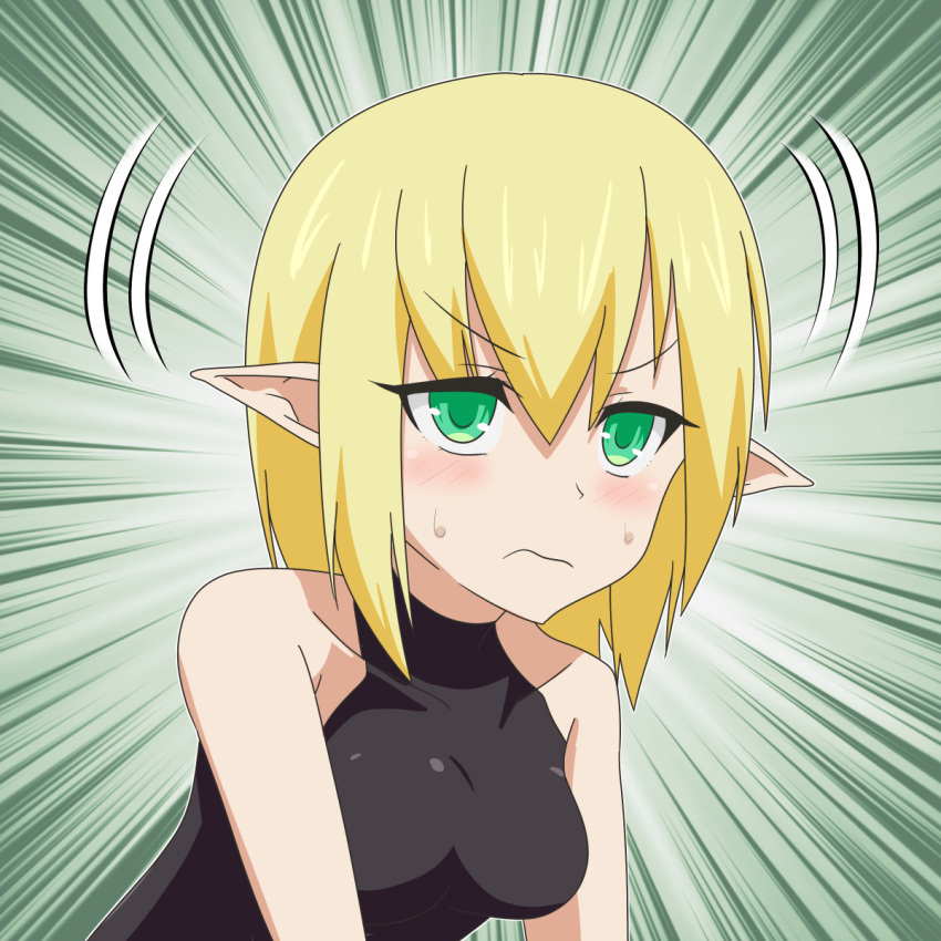 1girl black_shirt blonde_hair blush breasts cato_(monocatienus) closed_mouth commentary_request emphasis_lines feet_out_of_frame frown green_eyes hair_between_eyes highres long_bangs looking_at_viewer medium_breasts mizuhashi_parsee parsee_day pointy_ears shirt short_hair sleeveless sleeveless_shirt solo sweat touhou upper_body v-shaped_eyebrows