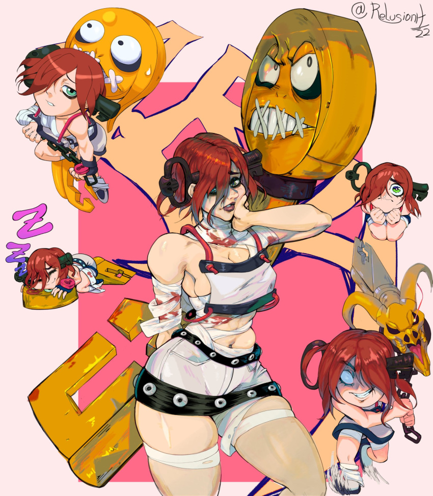 1girl a.b.a bags_under_eyes bandaged_chest bandages chain green_eyes guilty_gear guilty_gear_xx hair_over_one_eye highres homunculus key_in_head looking_at_viewer object_through_head paracelsus red_hair relusionh stitched_mouth stitches