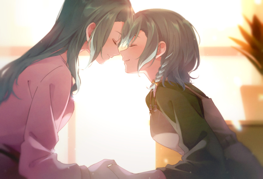 2girls aqua_hair bang_dream! blurry blurry_background bow braid brown_dress closed_eyes commentary_request dress green_shirt hair_bow heads_together hikawa_hina hikawa_sayo imminent_kiss incest light_rays long_hair medium_hair multiple_girls pink_shirt shirt siblings sisters smile toto_(sa-dosama) twincest twins window yuri