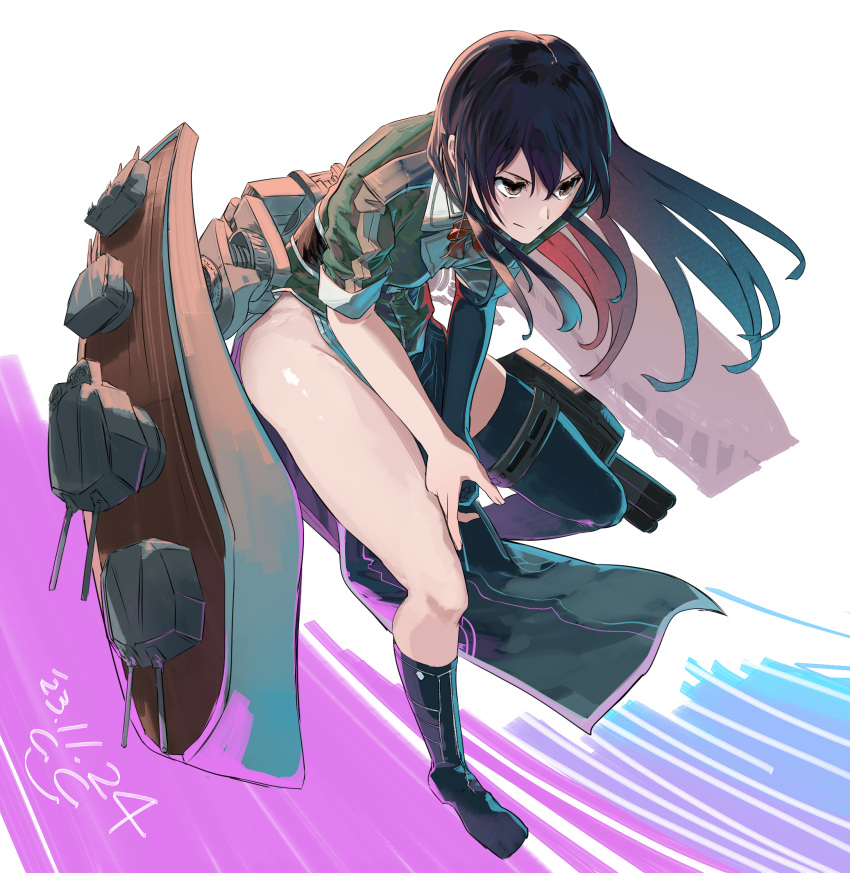 1girl adapted_turret black_gloves black_hair bow bowtie breasts brown_eyes cannon chikuma_(kancolle) chikuma_kai_ni_(kancolle) dated elbow_gloves gegeron gloves highres kantai_collection long_hair long_skirt machinery pelvic_curtain puffy_short_sleeves puffy_sleeves red_bow red_bowtie rigging short_sleeves side_slit single_elbow_glove single_glove single_thighhigh skirt smile solo thighhighs torpedo_launcher torpedo_tubes turret twitter_username white_background