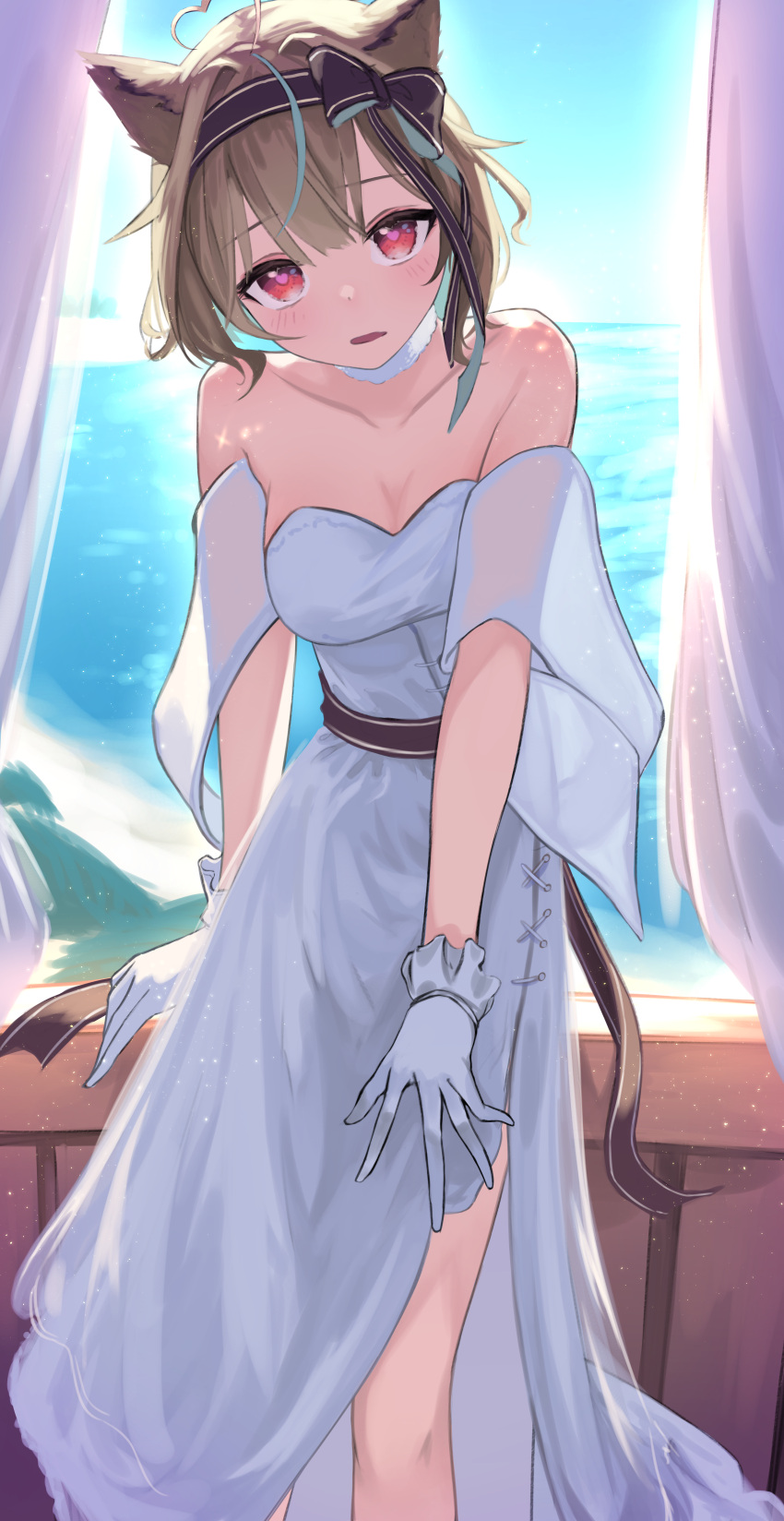 1girl absurdres ahoge amakami_konomi animal_ears bare_shoulders blush bow_hairband breasts brown_hair cleavage commission curtains dress feet_out_of_frame fur_choker gloves hair_intakes hairband heart heart-shaped_pupils highres horizon indie_virtual_youtuber kuro_shiraga looking_at_viewer on_railing open_mouth railing red_eyes shawl short_hair side_slit sitting skeb_commission small_breasts solo strapless strapless_dress symbol-shaped_pupils wedding_dress white_dress white_gloves