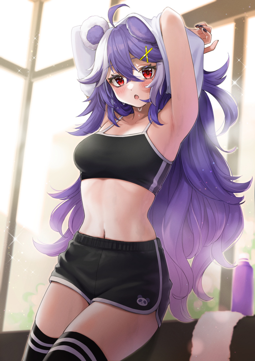 1girl absurdres ahoge animal_ears armpits arms_behind_head arms_up bare_shoulders bear_ears black_nails black_shirt black_shorts black_thighhighs blurry bottle breasts camisole cowboy_shot crop_top depth_of_field dolphin_shorts fang gradient_hair hair_between_eyes highres indie_virtual_youtuber indoors long_hair looking_at_viewer medium_breasts messy_hair midriff mole mole_under_eye multicolored_hair nail_polish navel open_mouth purple_hair red_eyes sahara1127 shirt short_shorts shorts sleeveless sleeveless_shirt solo spaghetti_strap standing steam stomach sweat thighhighs thighs towel two-tone_hair uji_jiji undressing very_long_hair virtual_youtuber