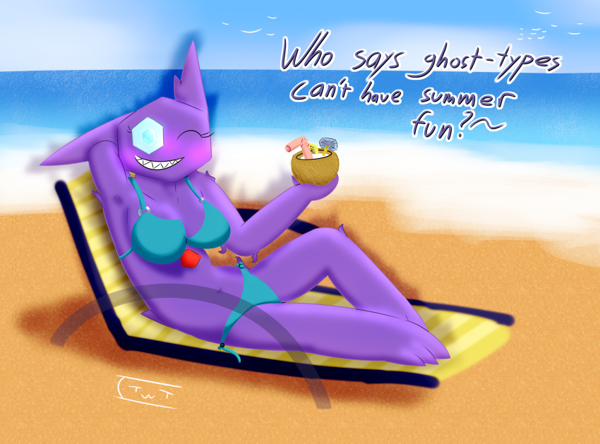 3_toes absurd_res anthro aura avian beach beverage bikini bird blue_eyes blush clothing cloud coconut coconut_drink drupe_(fruit) eftiinsfw english_text eyelashes feet female food fruit gem generation_3_pokemon ghost gull hi_res lari larid navel nintendo one_eye_closed pinup plant pokemon pokemon_(species) pose purple_body raised_arm roxy_(eftiinsfw) sableye scratching sea seaside shadow solo spirit swimwear text toes toothy_grin tropical water